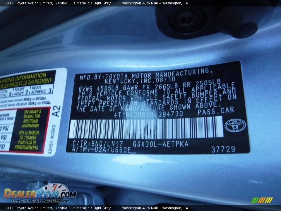 2011 Toyota Avalon Limited Zephyr Blue Metallic / Light Gray Photo #19