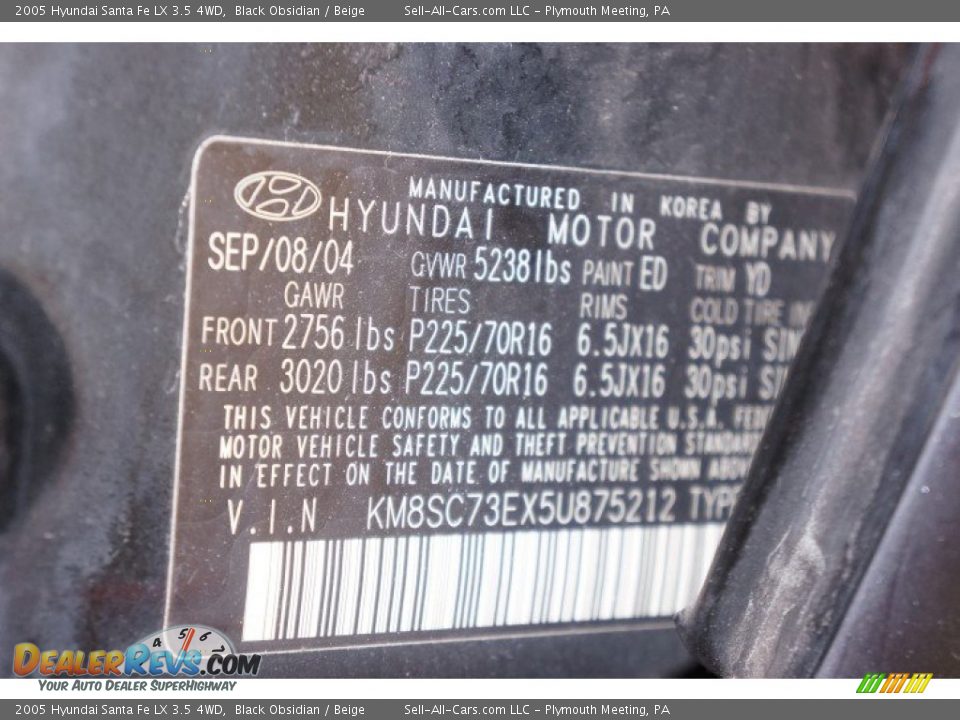 2005 Hyundai Santa Fe LX 3.5 4WD Black Obsidian / Beige Photo #14