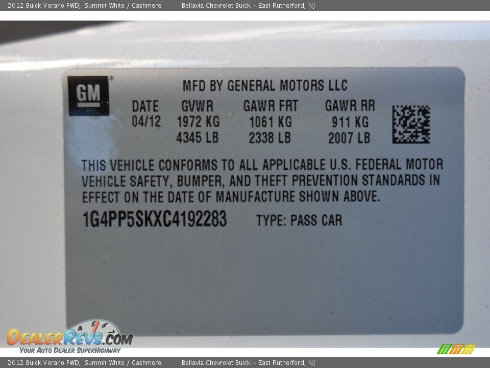 2012 Buick Verano FWD Summit White / Cashmere Photo #21
