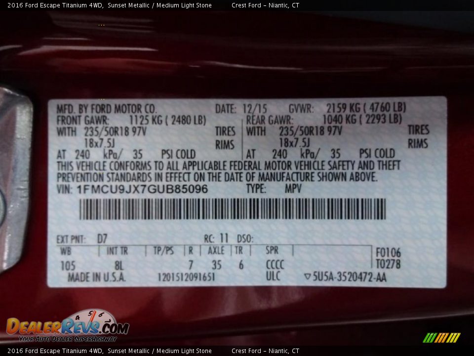 2016 Ford Escape Titanium 4WD Sunset Metallic / Medium Light Stone Photo #16