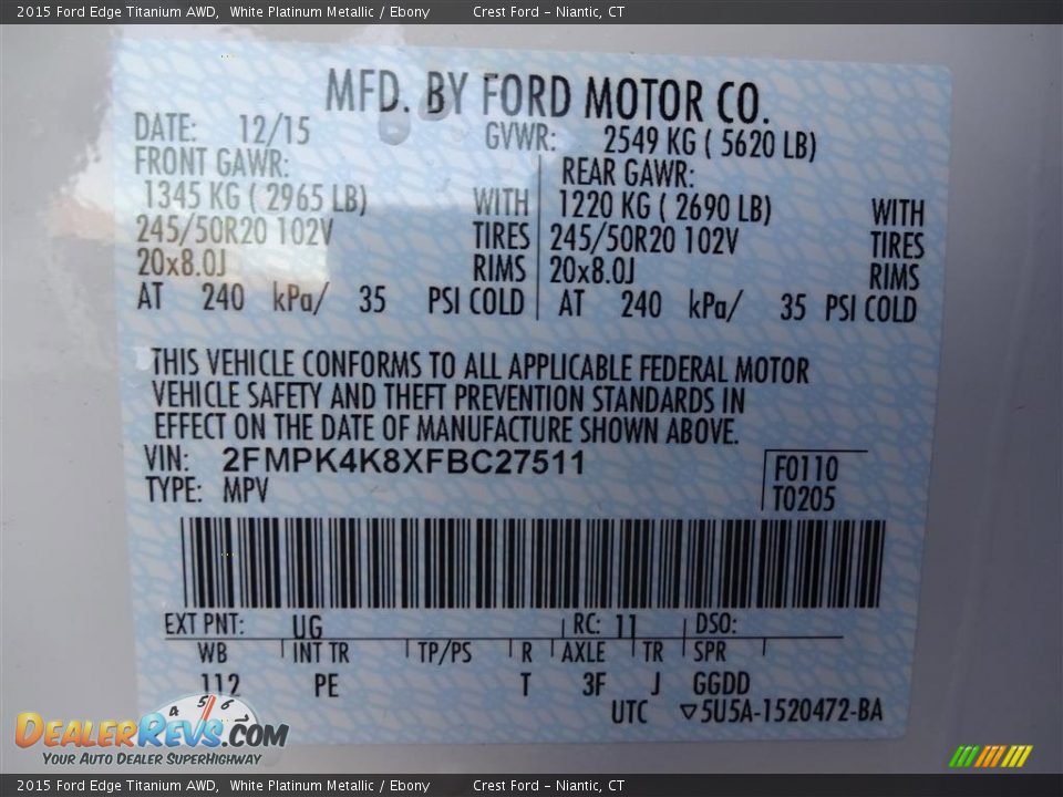 2015 Ford Edge Titanium AWD White Platinum Metallic / Ebony Photo #16
