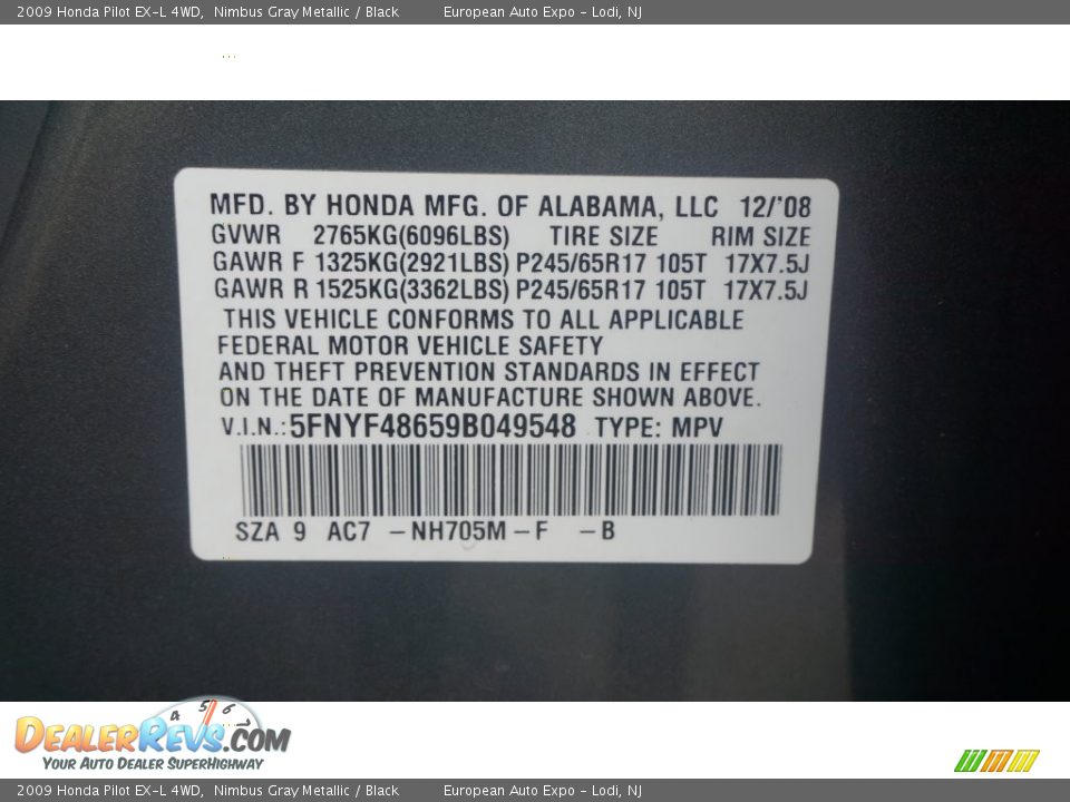 2009 Honda Pilot EX-L 4WD Nimbus Gray Metallic / Black Photo #36