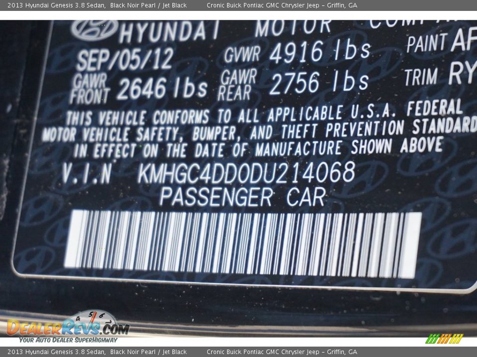 2013 Hyundai Genesis 3.8 Sedan Black Noir Pearl / Jet Black Photo #21