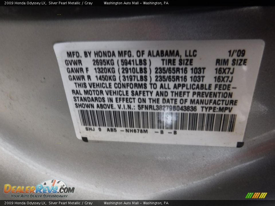 2009 Honda Odyssey LX Silver Pearl Metallic / Gray Photo #19