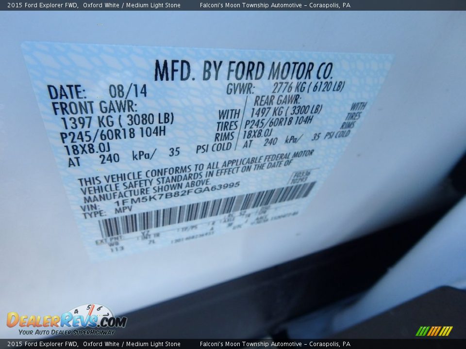 2015 Ford Explorer FWD Oxford White / Medium Light Stone Photo #24