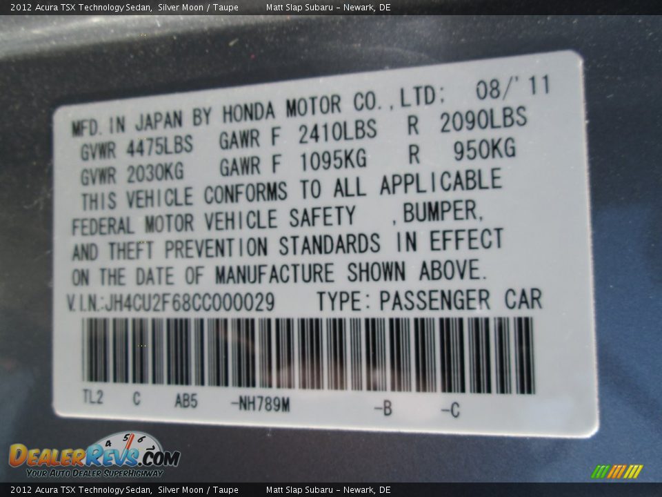 2012 Acura TSX Technology Sedan Silver Moon / Taupe Photo #29