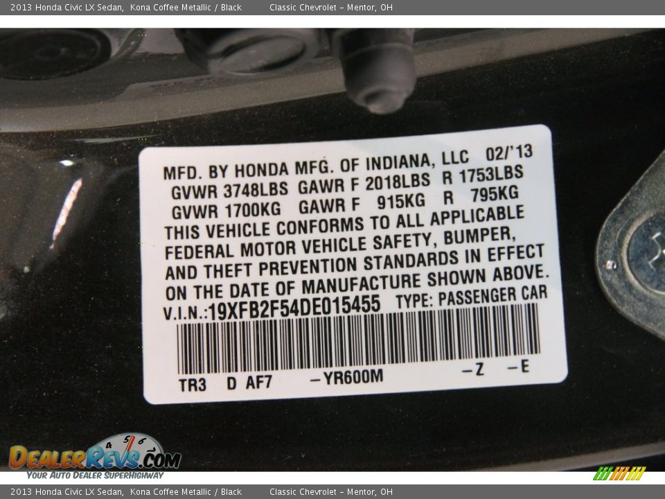 2013 Honda Civic LX Sedan Kona Coffee Metallic / Black Photo #16