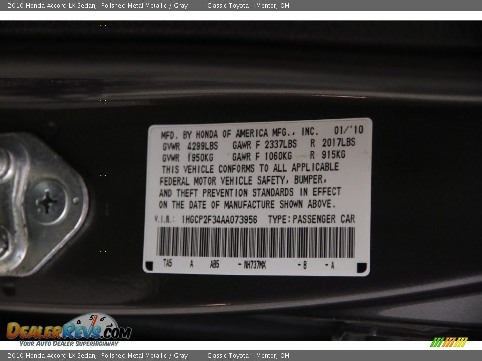 2010 Honda Accord LX Sedan Polished Metal Metallic / Gray Photo #18