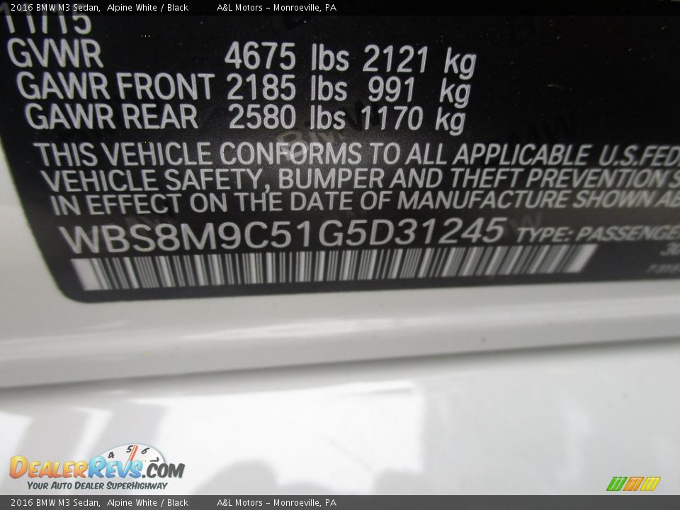 2016 BMW M3 Sedan Alpine White / Black Photo #19