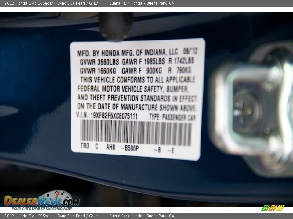 2012 Honda Civic LX Sedan Dyno Blue Pearl / Gray Photo #27