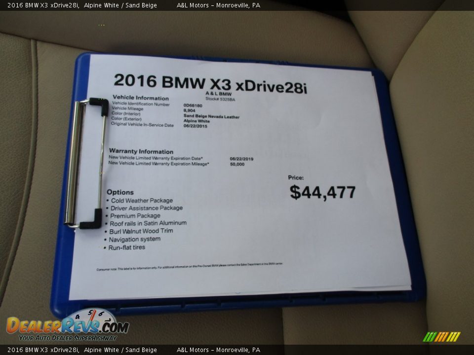2016 BMW X3 xDrive28i Alpine White / Sand Beige Photo #7