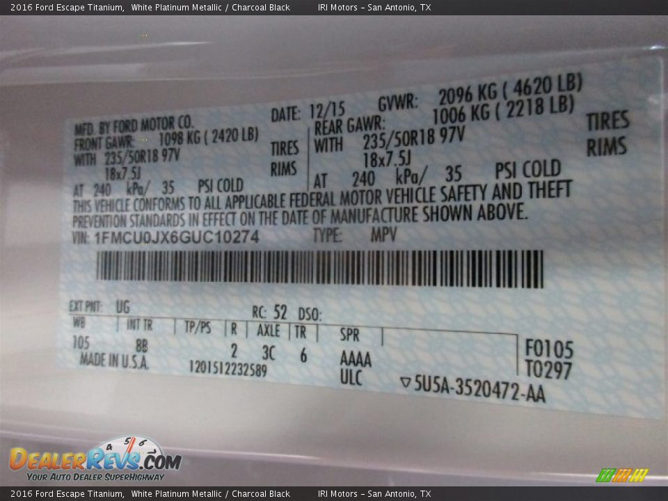 2016 Ford Escape Titanium White Platinum Metallic / Charcoal Black Photo #17
