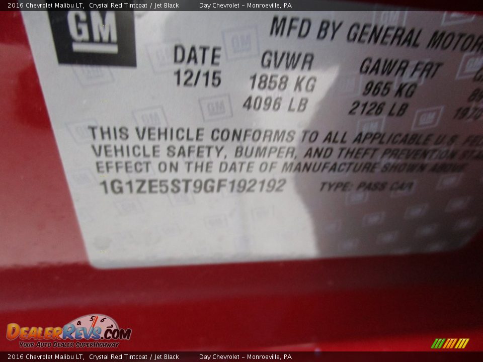 2016 Chevrolet Malibu LT Crystal Red Tintcoat / Jet Black Photo #19