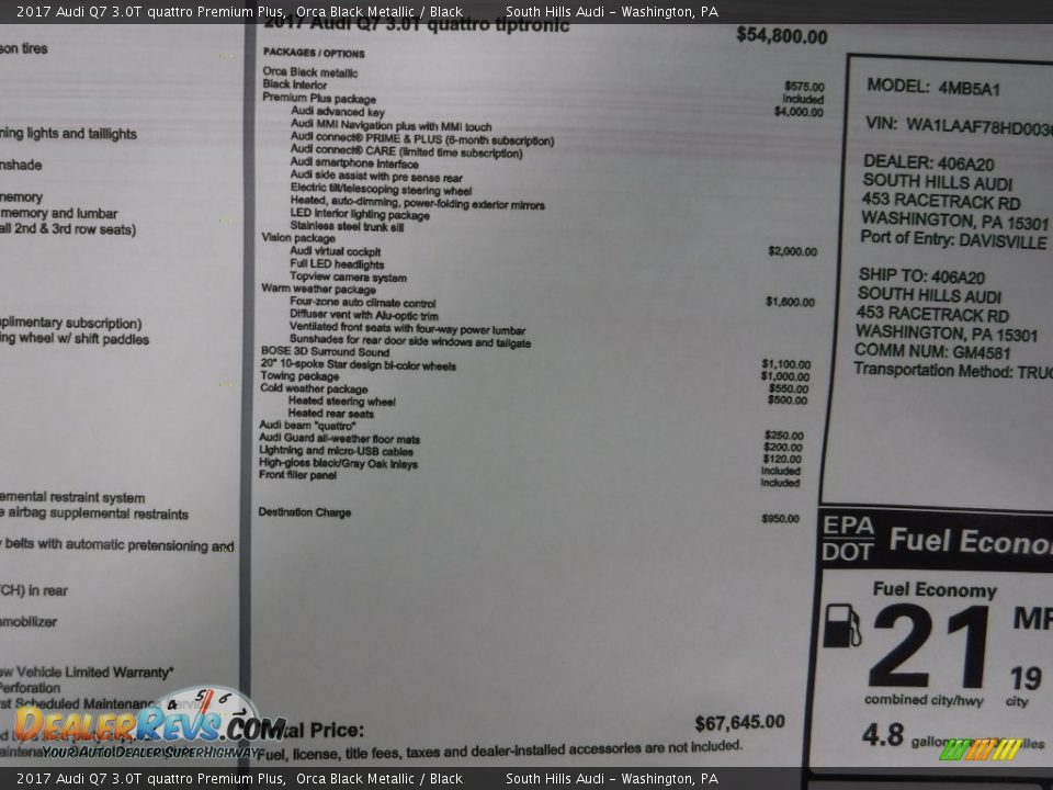 2017 Audi Q7 3.0T quattro Premium Plus Window Sticker Photo #10