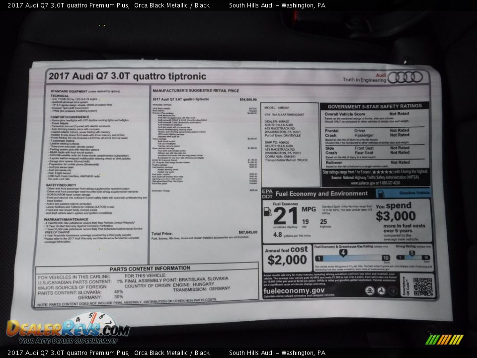 2017 Audi Q7 3.0T quattro Premium Plus Window Sticker Photo #11