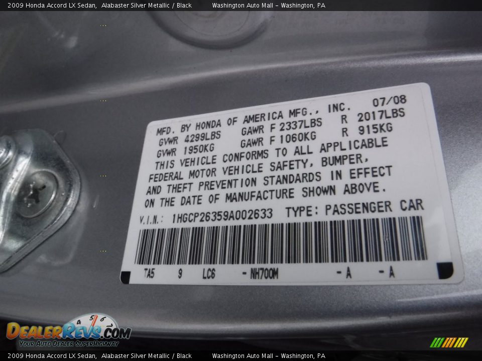 2009 Honda Accord LX Sedan Alabaster Silver Metallic / Black Photo #19