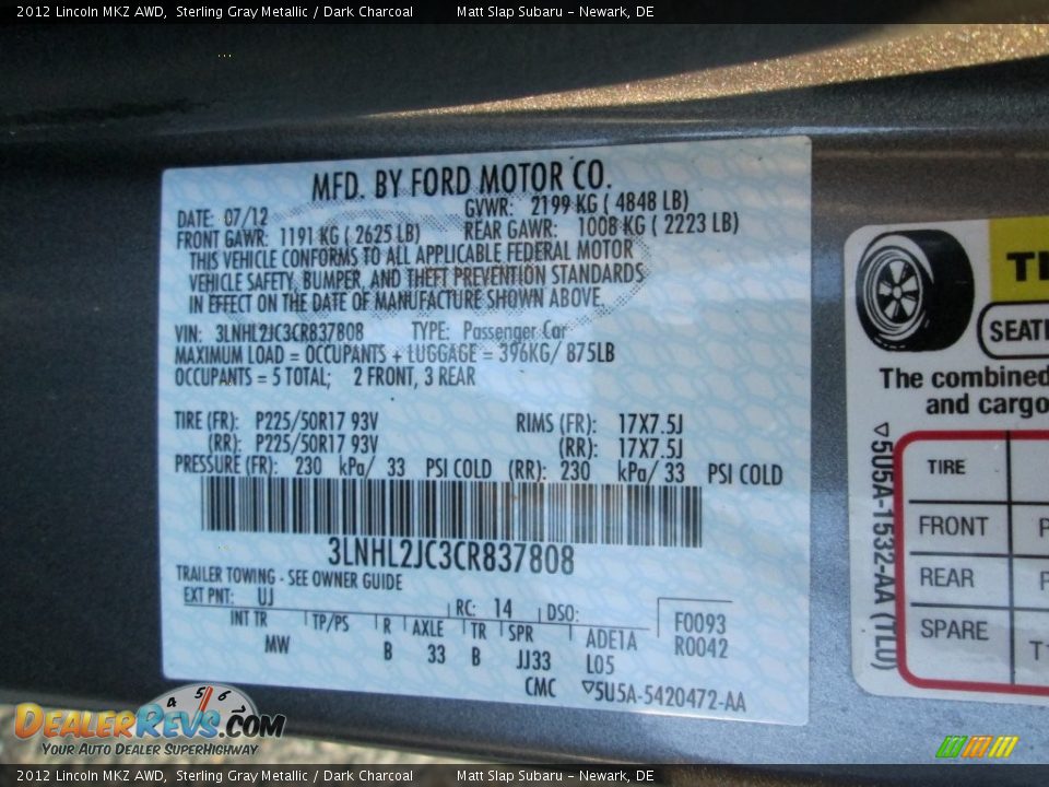 2012 Lincoln MKZ AWD Sterling Gray Metallic / Dark Charcoal Photo #29