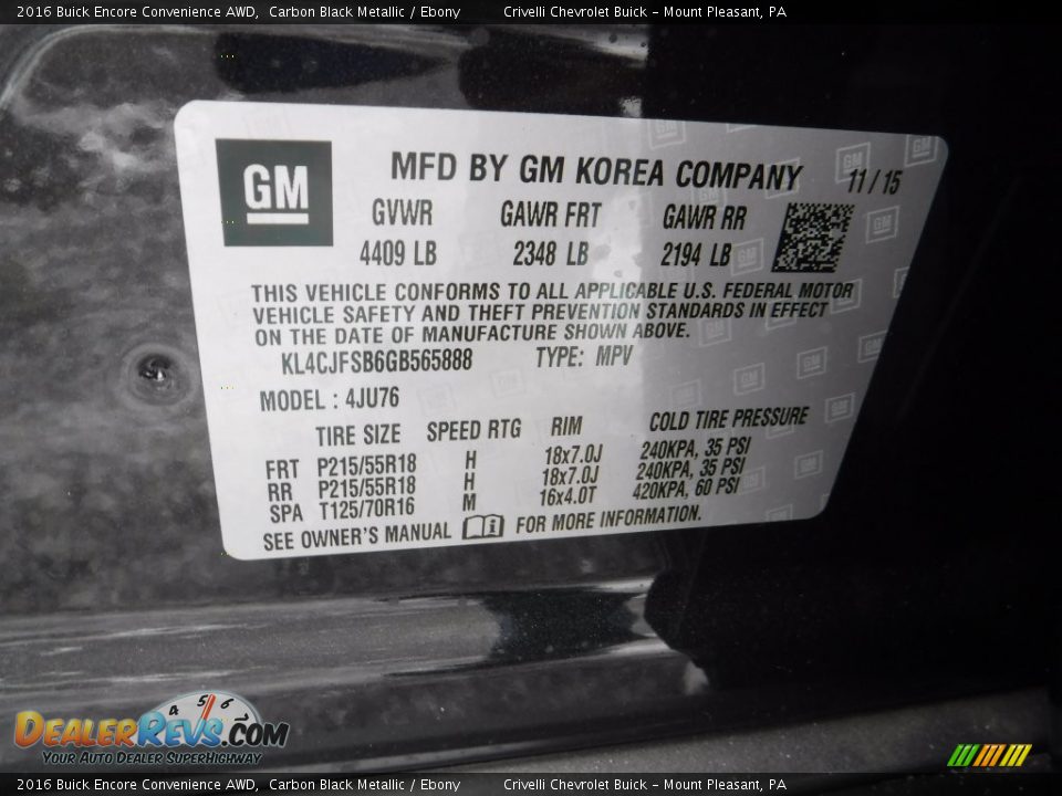2016 Buick Encore Convenience AWD Carbon Black Metallic / Ebony Photo #25