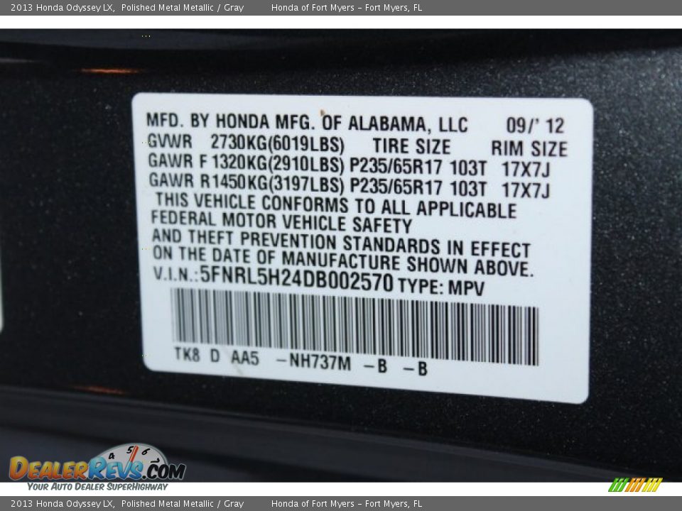 2013 Honda Odyssey LX Polished Metal Metallic / Gray Photo #30