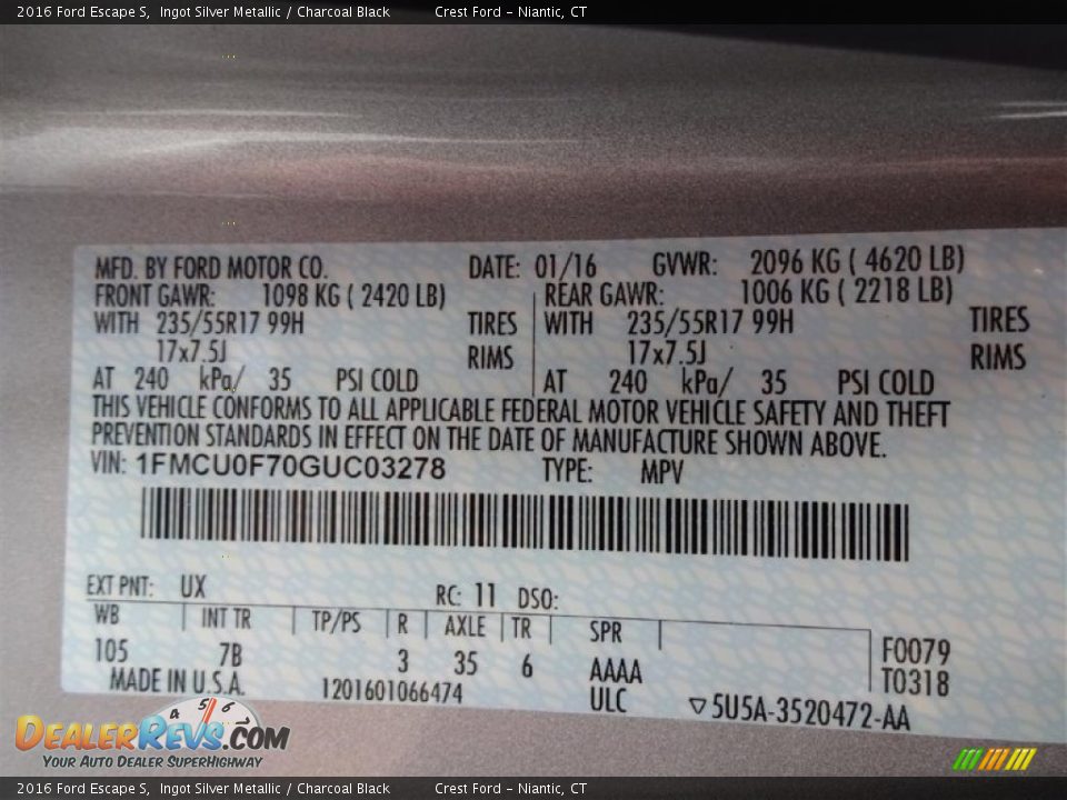 2016 Ford Escape S Ingot Silver Metallic / Charcoal Black Photo #16