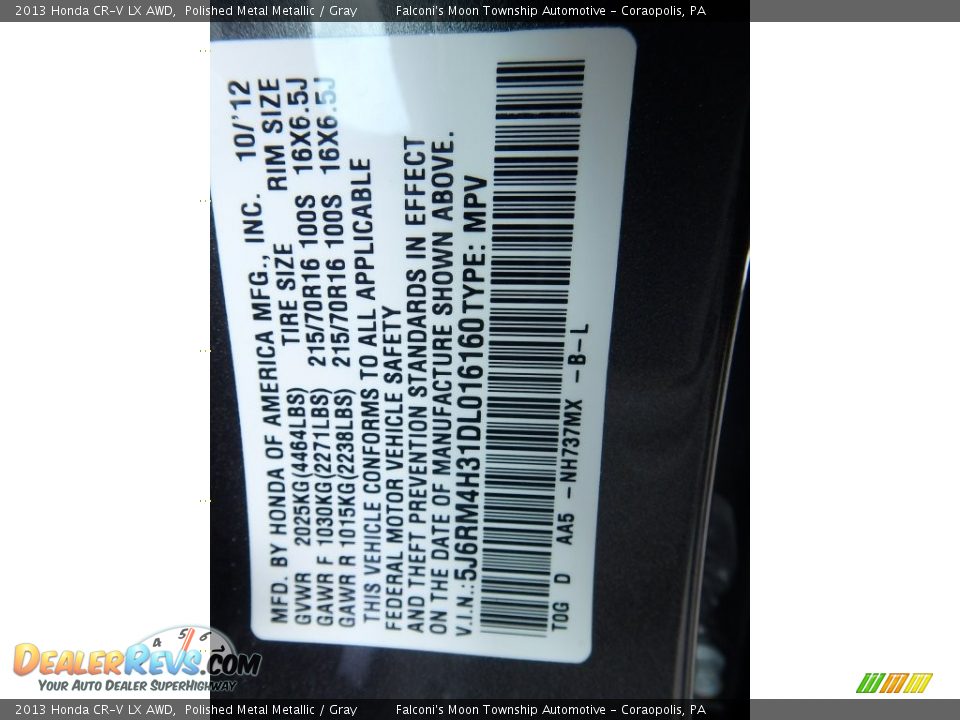 2013 Honda CR-V LX AWD Polished Metal Metallic / Gray Photo #24