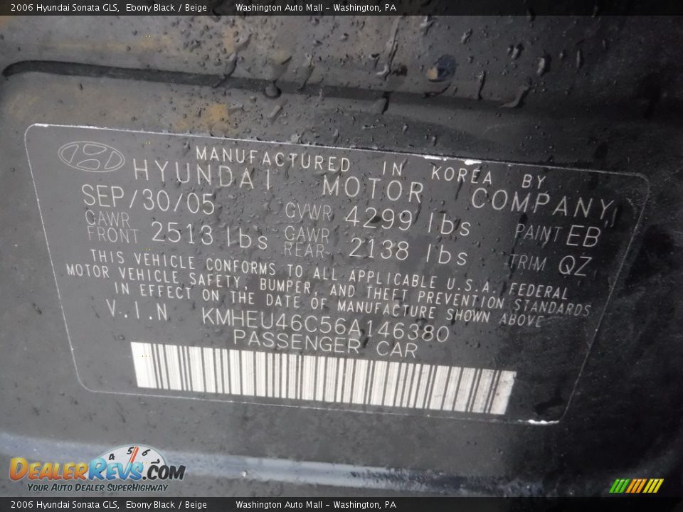 2006 Hyundai Sonata GLS Ebony Black / Beige Photo #19