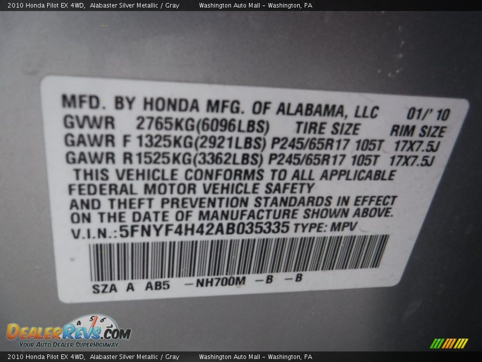 2010 Honda Pilot EX 4WD Alabaster Silver Metallic / Gray Photo #19