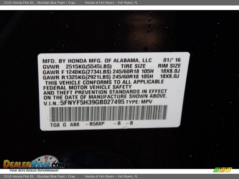 2016 Honda Pilot EX Obsidian Blue Pearl / Gray Photo #28