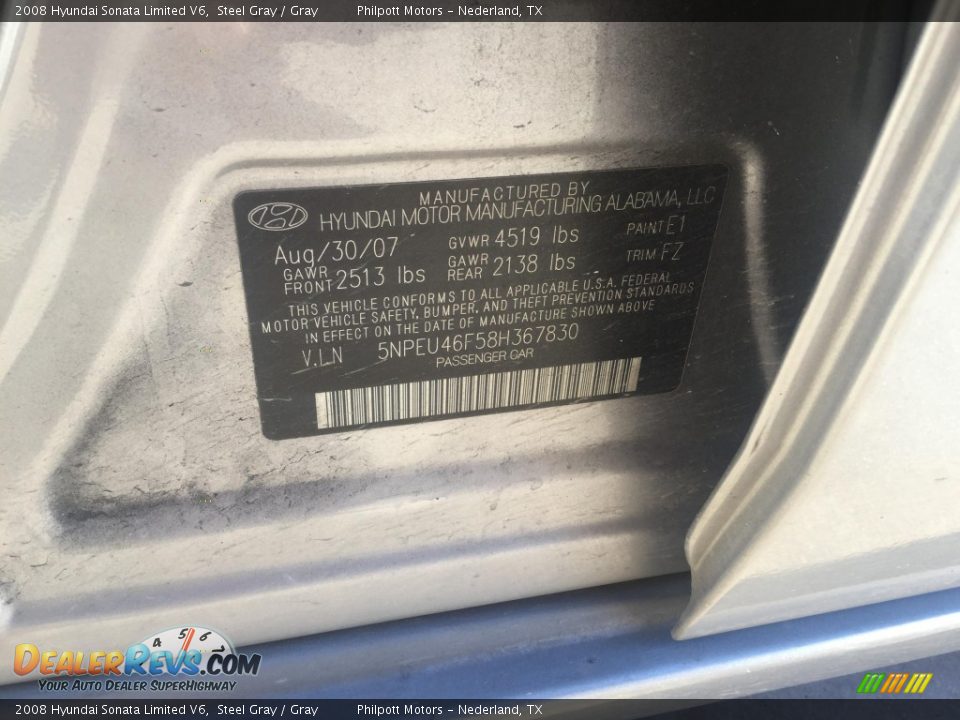2008 Hyundai Sonata Limited V6 Steel Gray / Gray Photo #6
