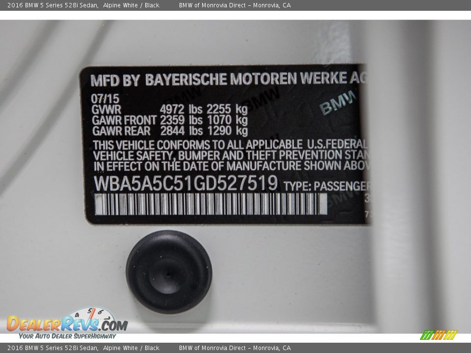 2016 BMW 5 Series 528i Sedan Alpine White / Black Photo #21