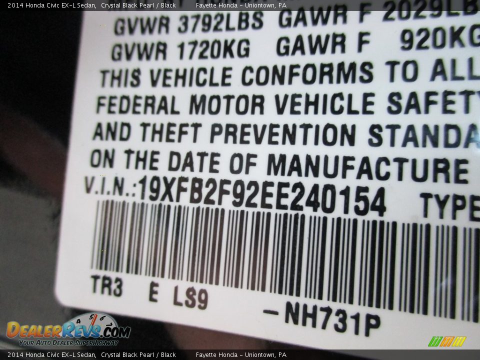 2014 Honda Civic EX-L Sedan Crystal Black Pearl / Black Photo #9