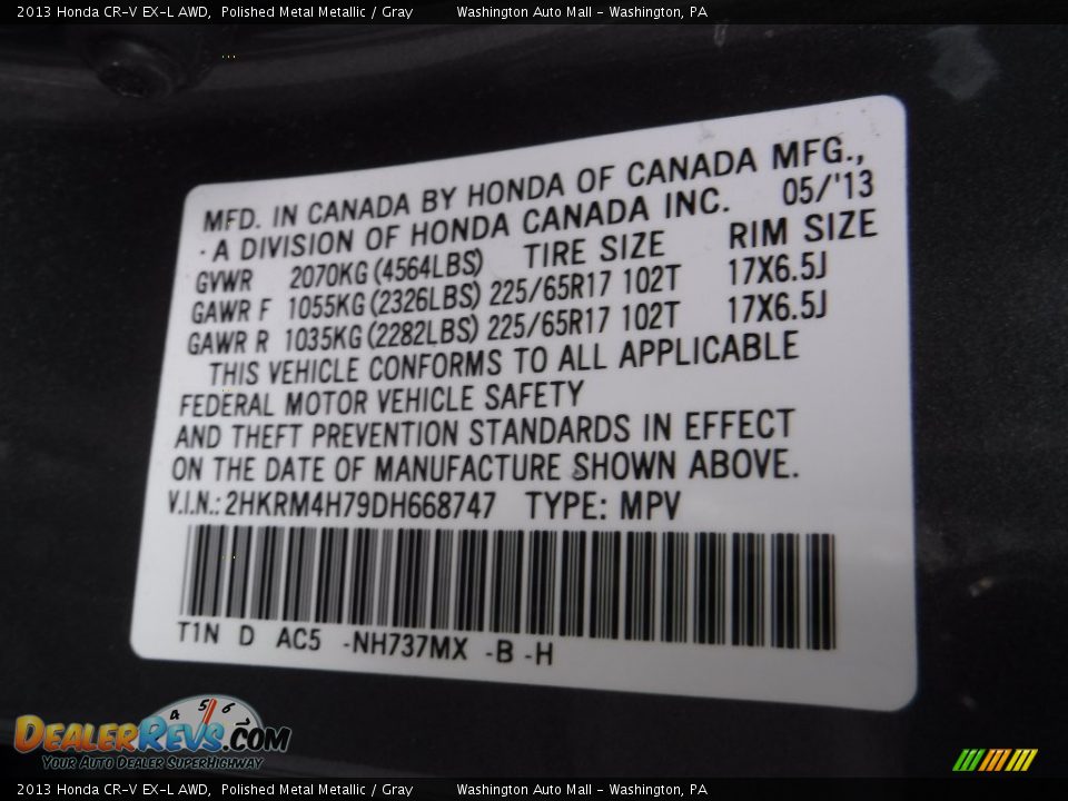 2013 Honda CR-V EX-L AWD Polished Metal Metallic / Gray Photo #26