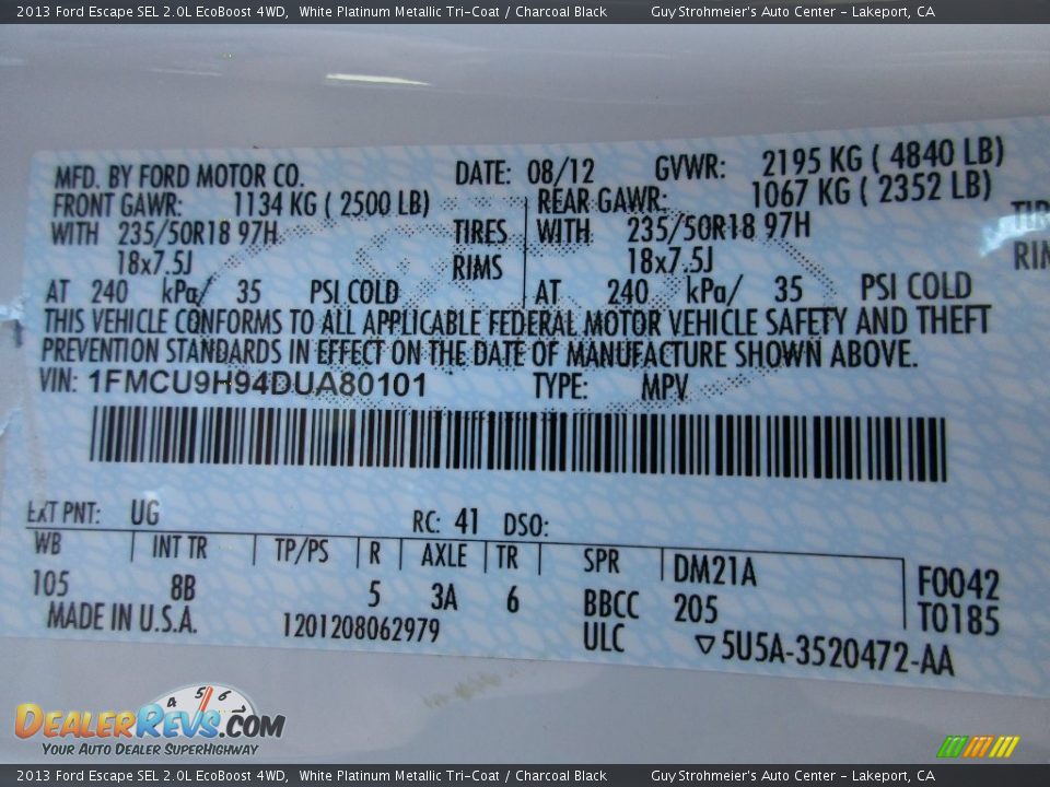 2013 Ford Escape SEL 2.0L EcoBoost 4WD White Platinum Metallic Tri-Coat / Charcoal Black Photo #25