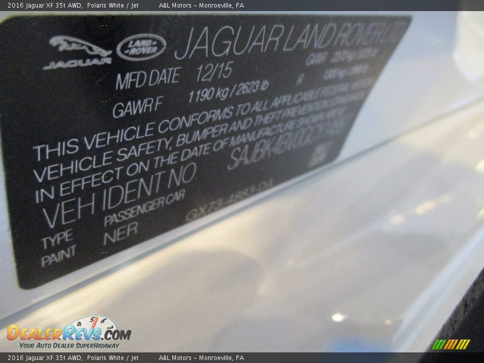 2016 Jaguar XF 35t AWD Polaris White / Jet Photo #19