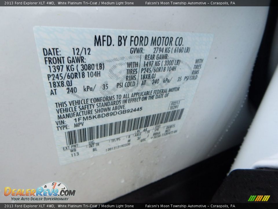 2013 Ford Explorer XLT 4WD White Platinum Tri-Coat / Medium Light Stone Photo #23