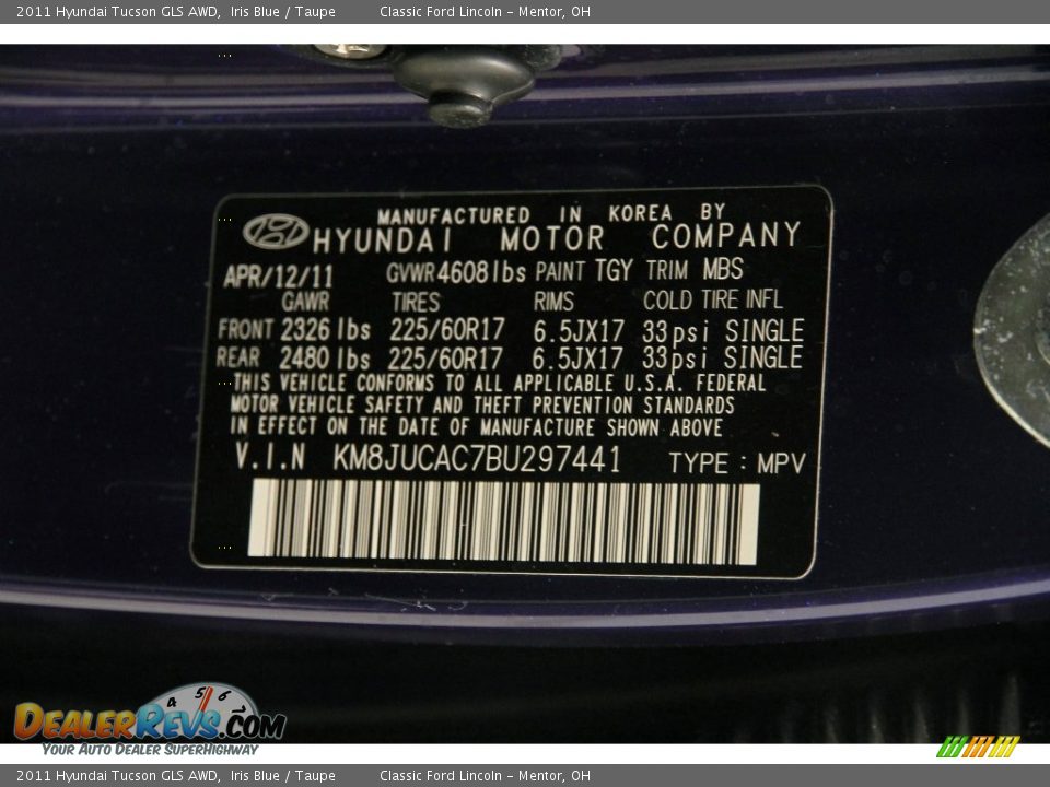 2011 Hyundai Tucson GLS AWD Iris Blue / Taupe Photo #17
