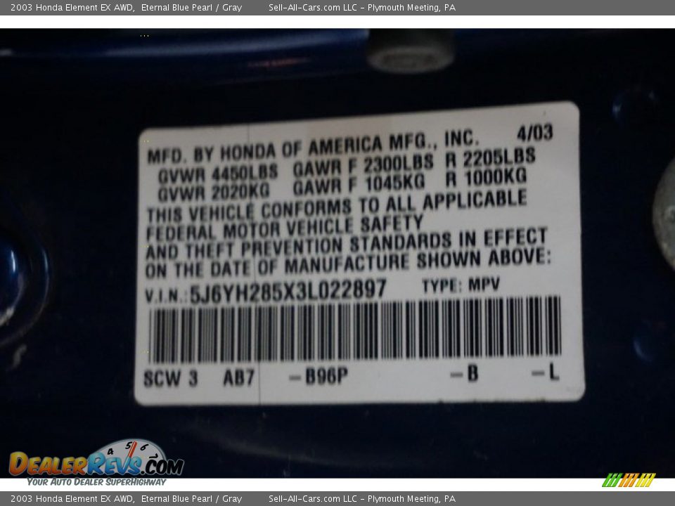 2003 Honda Element EX AWD Eternal Blue Pearl / Gray Photo #13