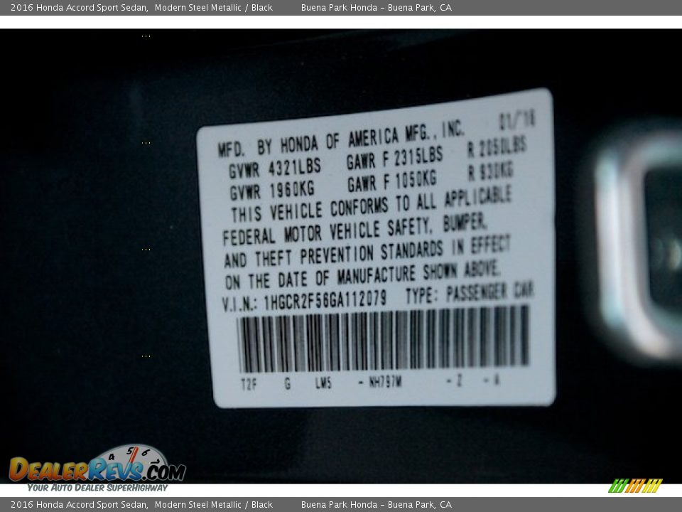 2016 Honda Accord Sport Sedan Modern Steel Metallic / Black Photo #18