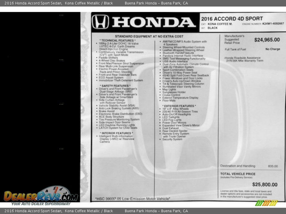 2016 Honda Accord Sport Sedan Kona Coffee Metallic / Black Photo #16