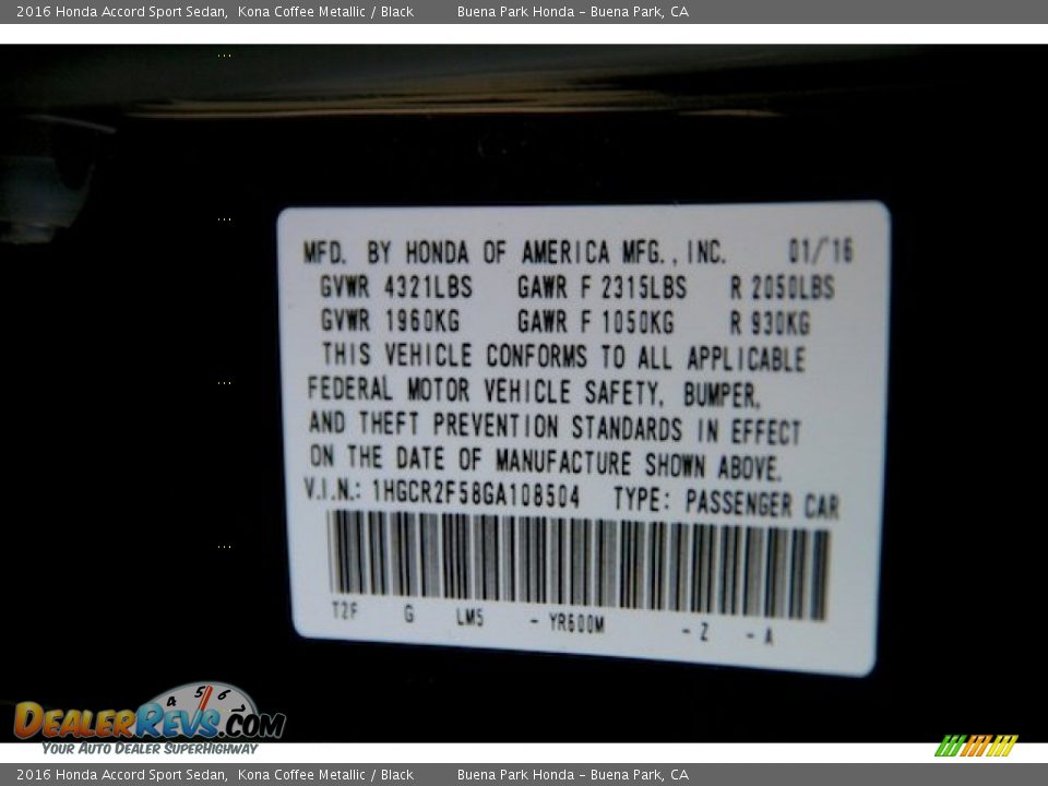 2016 Honda Accord Sport Sedan Kona Coffee Metallic / Black Photo #18