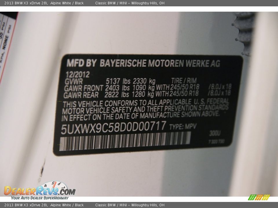 2013 BMW X3 xDrive 28i Alpine White / Black Photo #23