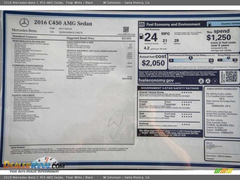 2016 Mercedes-Benz C 450 AMG Sedan Polar White / Black Photo #11