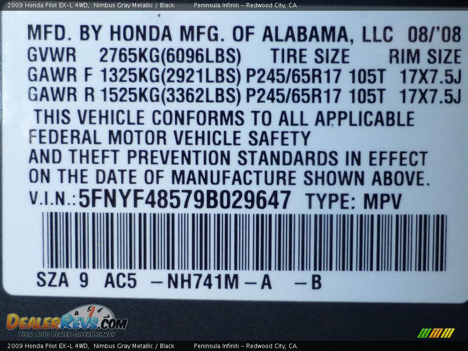 2009 Honda Pilot EX-L 4WD Nimbus Gray Metallic / Black Photo #28
