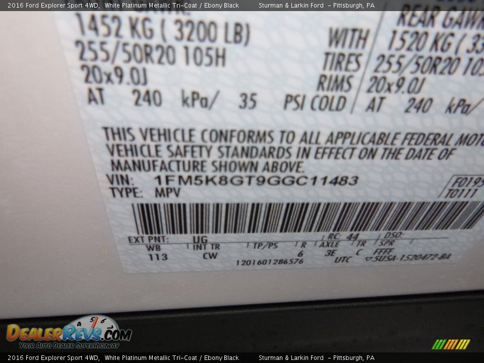 2016 Ford Explorer Sport 4WD White Platinum Metallic Tri-Coat / Ebony Black Photo #10