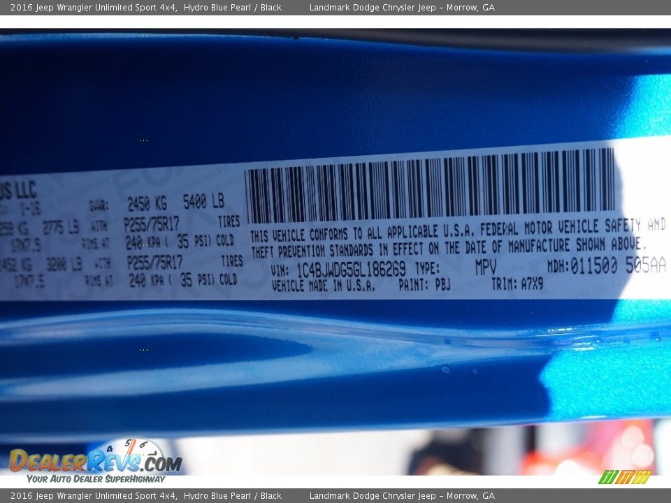 2016 Jeep Wrangler Unlimited Sport 4x4 Hydro Blue Pearl / Black Photo #10