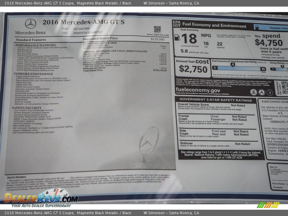 2016 Mercedes-Benz AMG GT S Coupe Window Sticker Photo #11