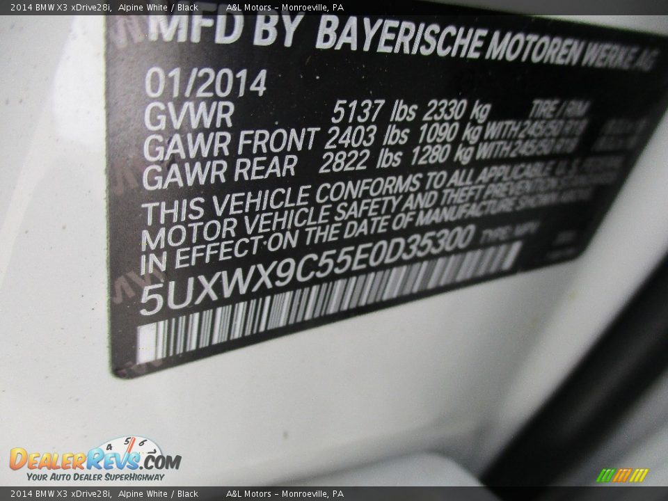 2014 BMW X3 xDrive28i Alpine White / Black Photo #19
