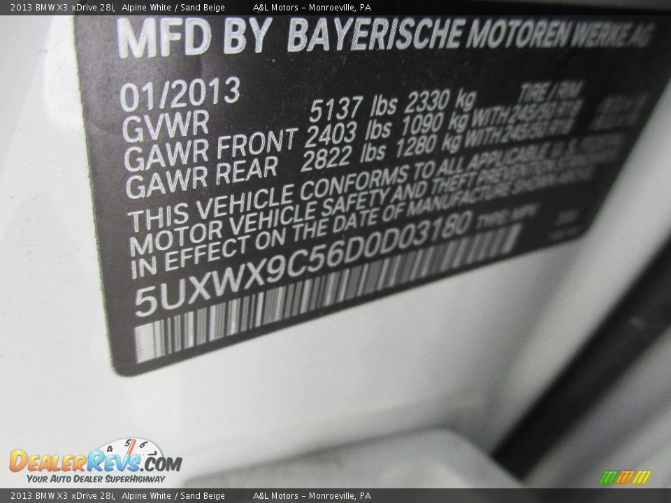 2013 BMW X3 xDrive 28i Alpine White / Sand Beige Photo #19