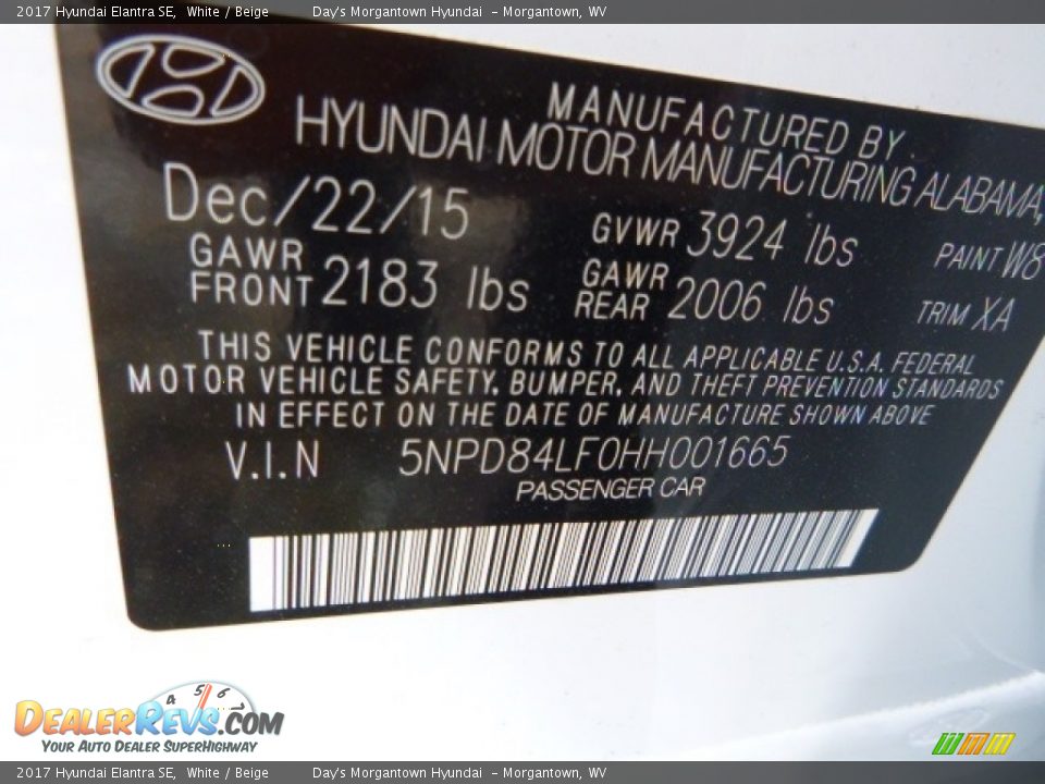 2017 Hyundai Elantra SE White / Beige Photo #14