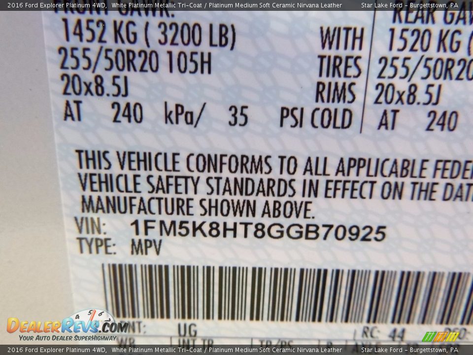 2016 Ford Explorer Platinum 4WD White Platinum Metallic Tri-Coat / Platinum Medium Soft Ceramic Nirvana Leather Photo #14